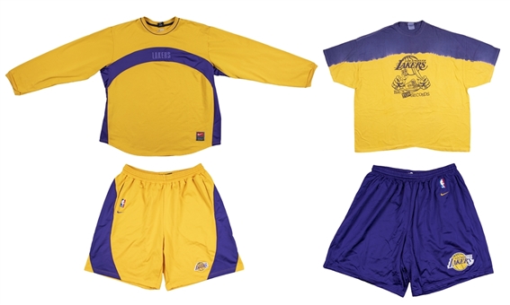 Lot of (4) Rick Fox Practice Worn Los Angeles Lakers Gear Including Sweatshirts, T-Shirt & Shorts (Fox LOA)